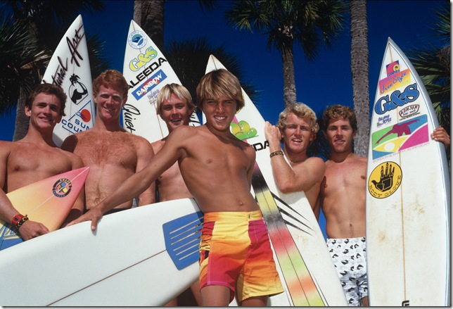 A historic Florida surfing image from the FAU exhibit. From left: Todd Holland, Scott McCranels, Rich Rudolph, Kelly Slater, Matt Kechele and Charlie Kuhn. (Photo by Tony Arruza)