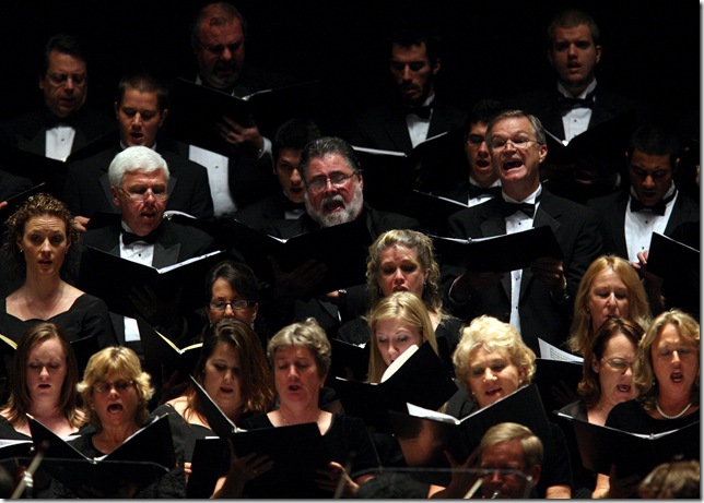 Part of the choral forces on stage Friday night.