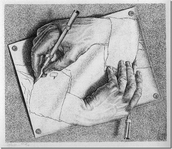 Drawing Hands (1948), lithograph by M.C. Escher.