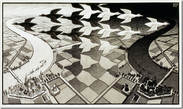 Day and Night (1938), woodcut by M.C. Escher.