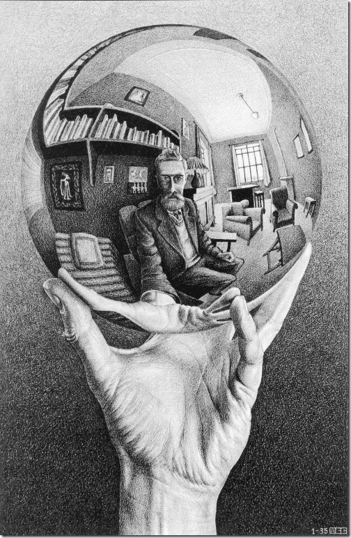 Hand With Reflecting Sphere (1935), lithograph by M.C. Escher. 
