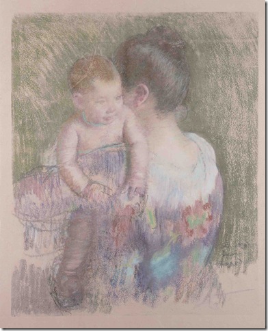 Baby Charles Looking Over His Mother's Shoulder, No. 2, (1900), pastel counterproof on Japan paper, by Mary Cassatt. 