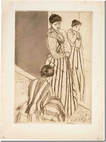 The Fitting (1890-91), drypoint and aquatint, by Mary Cassatt. 