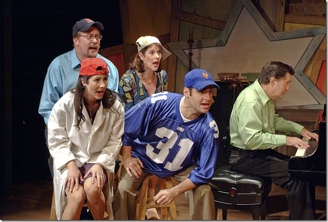 The cast of Make Me a Song: (back row) Stephen G. Anthony and Patti Gardner; (front row) Julie Kleiner, Joey Zangardi; David Nagy at the piano. 