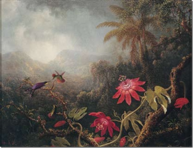 Passion Flowers With Three Hummingbirds (1875), by Martin Johnson Heade. 