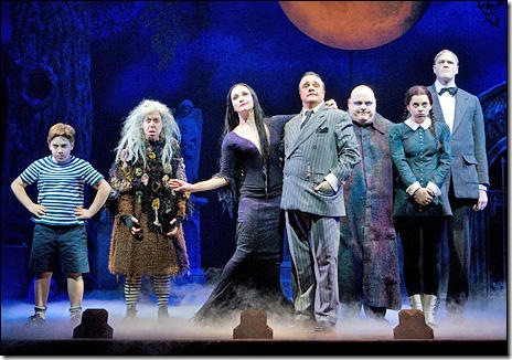 Adam Riegler, Jackie Hoffman, Bebe Neuwirth, Nathan Lane, Kevin Chamberlin, Krysta Rodriguez and Zachary James in The Addams Family.