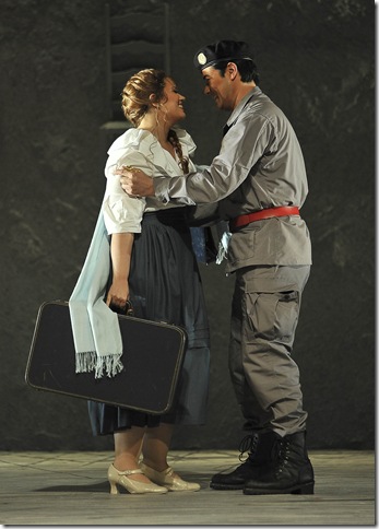 Elaine Alvarez as Micaëla and Adam Diegel as Don José in Act I of Carmen. (Photo by Gaston de Cardenas)