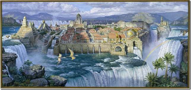 Waterfall City: Afternoon Light (2001); illustration for Dinotopia: Journey to Chandara, by James Gurney.