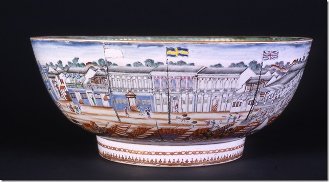 Punch bowl showing the trade district in Canton, China, about 1780.