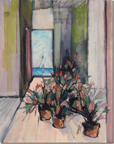 A painting of pink potted plants, by Mahlon Cline.