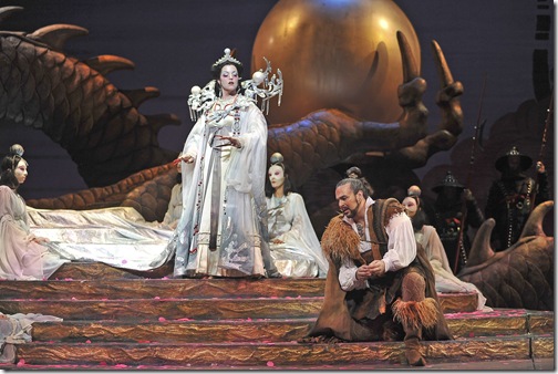 Lise Lindstrom as Turandot and Frank Porretta as Calaf, in Florida Grand Opera’s Turandot. (Photo by Gaston de Cardenas)