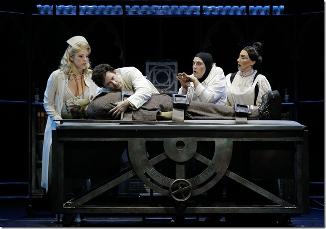 Synthia Link, Christopher Ryan, Cory English, Joanna Glushak and Preston Truman Boyd in Young Frankenstein, opening today at the Kravis Center.