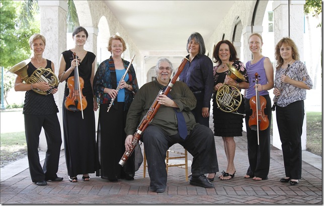 Members of the Palm Beach Chamber Music Festival, pictured this week at the Crest Theatre in Delray Beach. From left: Ellen Tomasiewicz, Rebecca Diderrich, Beth Larsen, Michael Ellert, Roberta Rust, Julia McAlister, Rene Reder and Sherie Aguirre. (Photo by Michael Price Photography)