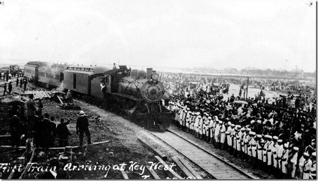 The first passenger train on the Over-Sea Railroad arrives in Key West on Jan. 22, 1912. Copyright Henry Morrison Flagler Archives.