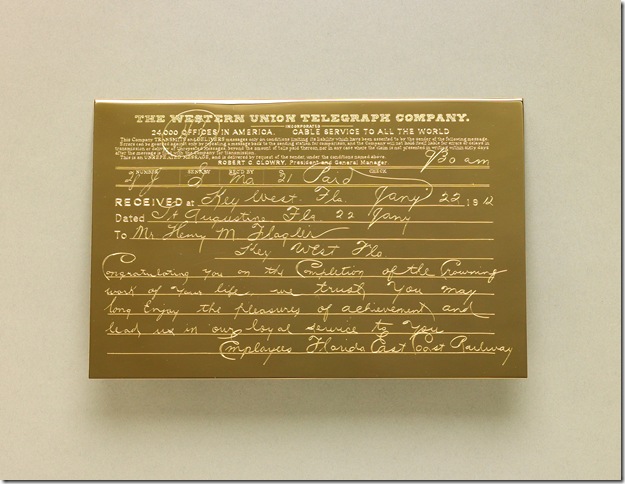 The gold replica of the Western Union telegram announcing the completion of the Over-Sea Railroad. (Copyright Henry Morrison Flagler Museum Archives) 