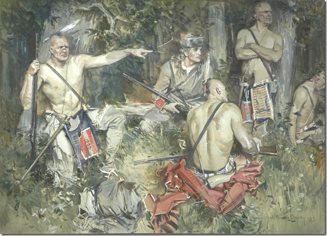 Euan Loskiel and Iroquois Allies Scouting, by Howard Chandler Christy. For Cosmopolitan, 1913-14.