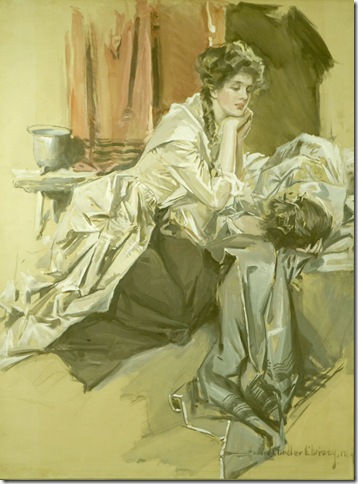 American Colonial Woman Watching Over a Wounded Man, by Howard Chandler Christy. For Cosmopolitan, 1913-14.