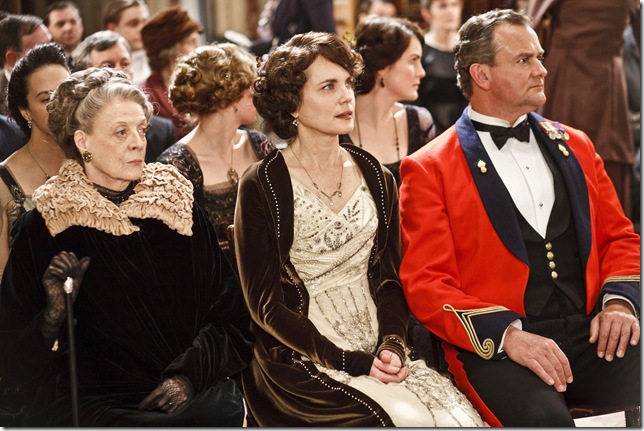 Dame Maggie Smith, Elizabeth McGovern and Hugh Bonneville in Downton Abbey.