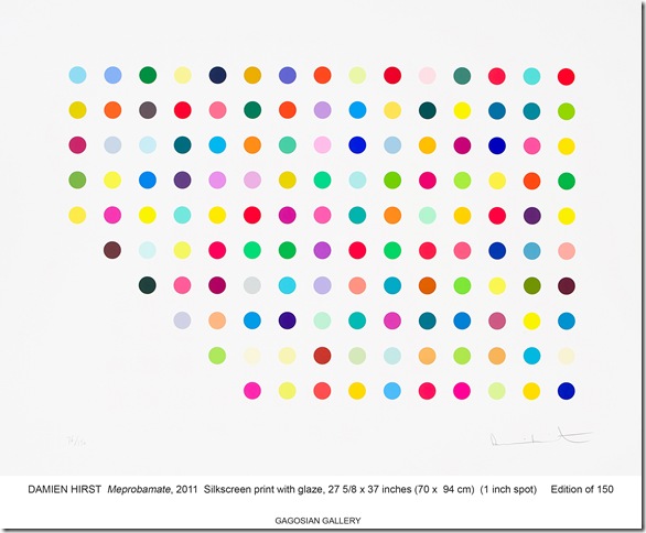 Specifics about works of art, such as Damien Hirst’s silkscreen Meprobamate (2011), were listed under the works.