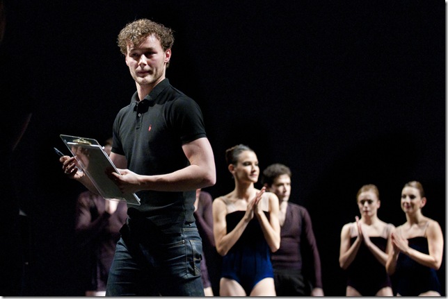 Liam Scarlett works with Miami City Ballet dancers in the dress rehearsal of Viscera. (Photo by Mitchell Zachs)