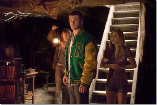 Fran Kranz, Chris Hemsworth and Anna Hutchison in The Cabin in the Woods.