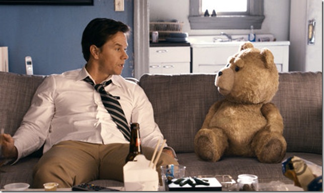 Mark Wahlberg and friend (voice of Seth MacFarlane) in Ted.