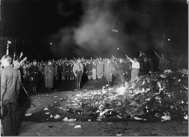 Books are burned in Opera Square, Berlin, on May 10, 1933. (U.S. Holocaust Memorial Museum/National Archives and Records Administration)
