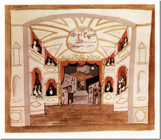 One of Pablo Picasso’s original stage designs for the first production of Pulcinella in 1920.