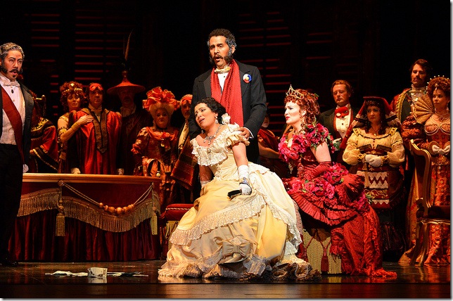 Adam Lau, Maria Alejandres, Graham Fandrei and Lacy Sauter in La Traviata. (Photo by Gaston de Cardenas)
