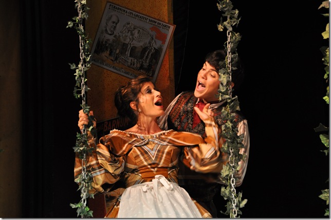 Chairy (Diane Tyminski) and P.T. Barnum (Andrew Spinelli) share a song in Lake Worth Playhouse production of Barnum.