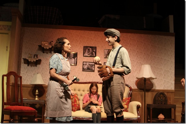 From left: Merry Jo Cortada, Hannah Wiser (seated on couch) and Josh Lerner in Broward Stage Door Theatre’s production of Brighton Beach Memoirs. (Photo by David Torres)