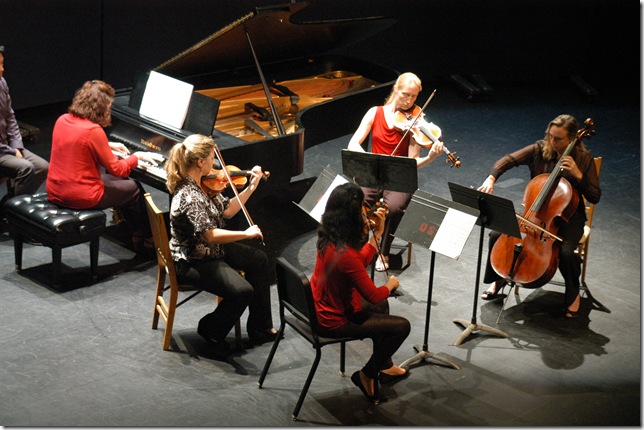 First row, from left: Pianist Lisa Leonard, violinists Dina Kostic and Mei Mei Luo; second row: violist Rene Reder and cellist Susan Moyer Bergeron.