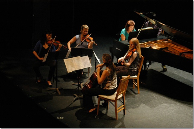 Clockwise from left: Mei Mei Luo, Dina Kostic, Lisa Leonard, Rene Reder and Susan Moyer Bergeron perform the Dohnanyi Piano Quintet at the Crest Theatre in Delray Beach. (Photo by Rocky Helderman, from Facebook)