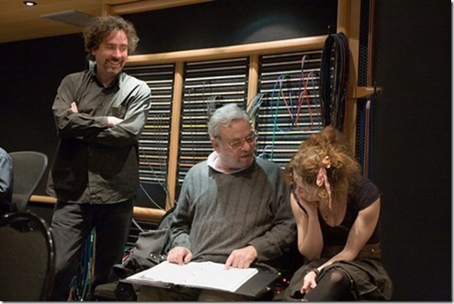 From left: Tim Burton, Stephen Sondheim and Helena Bonham-Carter on the set of the 2007 film version of Sonhdeim’s Sweeney Todd.