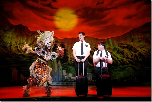 Phyre Hawkins, Mark Evans and Christopher John O’Neill in the touring company of The Book of Mormon. (Photo by Joan Marcus)
