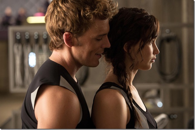 Sam Claflin and Jennifer Lawrence in Hunger Games: Catching Fire.