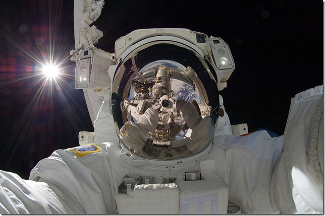 Japanese Space Agency astronaut Akihiko Hoshide takes a selfie outside the International Space Station in September 2012. (NASA photo)