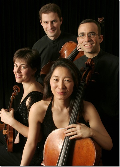 The Brentano String Quartet: Serena Canin, Misha Amory, Nina Lee and Mark Steinberg. (Photo by Peter Schaaf)