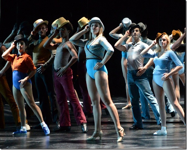 Anne Bloemendal (front) as Judy, practices a dance routine with other dancers in a scene from “A Chorus Line,” at the Maltz Jupiter Theatre. (Photo by Alicia Donelan)