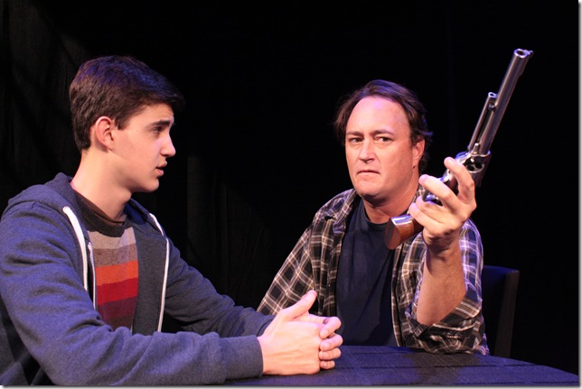 Andrew Griner and Todd Allen Durkin in “The Hummingbird Wars,” at The Theatre at Arts Garage. (Photo by Amy Pasquantonio)