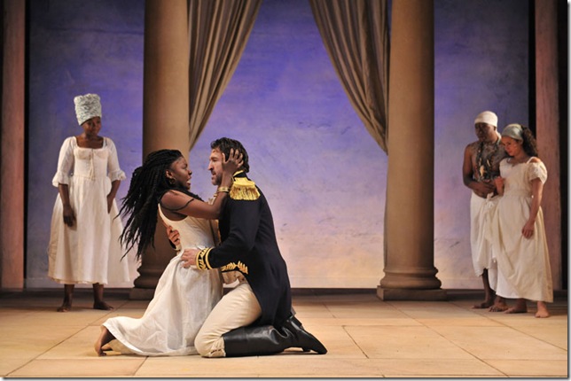 Joaquina Kalukango and Jonathan Cake in “Antony and Cleopatra,” at GableStage. (Photo by Hugo Glendinning)