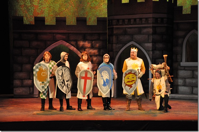 The cast of “Monty Python’s Spamalot” at Lake Worth Playhouse includes Tom Cooch, Daniel Scarantino, Bryan Wohlust, Philip Corso, Michael Cartwright and Jason Leadingham.