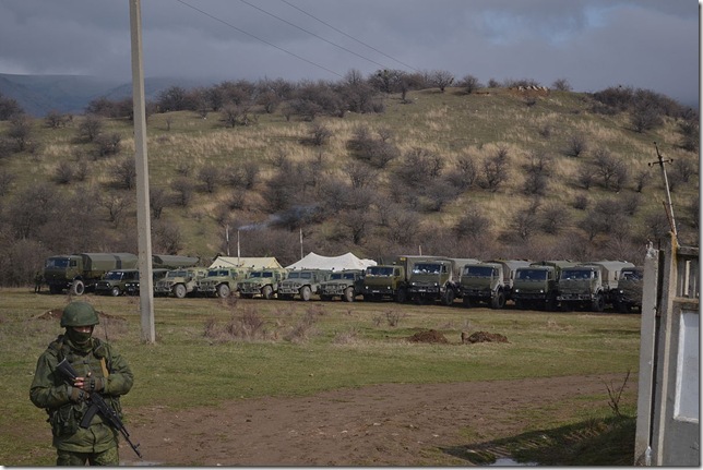 Russian tanks and trucks at the Perevalne military base in Crimea. (Anton Holoborodko /Wikicommons)