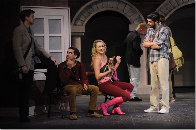 Daniel Scarantino, Michael Grande Hopkins, Caiti Marlowe and Brian Varela in “Legally Blonde, the Musical” at Lake Worth Playhouse. (Photo by Amanda Roy)