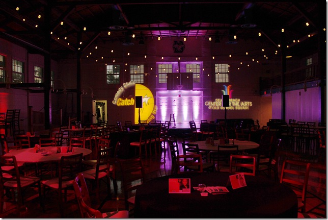 The vintage gymnasium at the Delray Beach Center for the Arts, transformed into a comedy club.