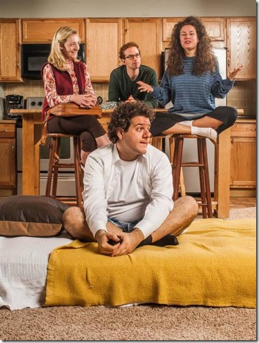 Mark Della Ventura (front) and (from left, behind) Lexi Langs, David Rosenberg and Natalia Coego in “Bad Jews.” (Photo by George Schiavone)