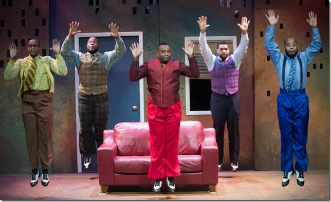 Micah Jeremiah Mims, Don Seward, Christopher George Patterson, Philip Bolton and Daryl L. Stewart in “Five Guys Named Moe” at the Broward Stage Door Theatre. (Photo courtesy of Broward Stage Door)