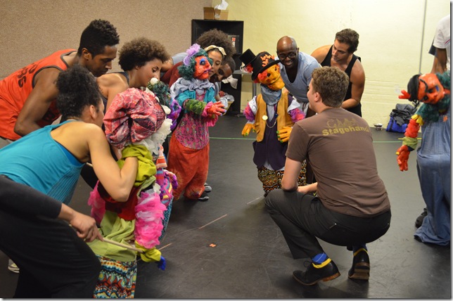 Eric Wright of The Puppet Kitchen works with cast members for the Maltz Jupiter Theatre’s production of “The Wiz.” (Photo by Linnea Bailey)