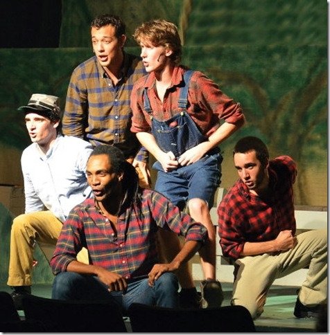 From left: Jonathan Eisele, Abel Cain, Elijah Word, Holden Amory and Mark Hernandez in “Shenandoah” at the Delray Square Performing Arts Center. (Photo by Phil Hinton)