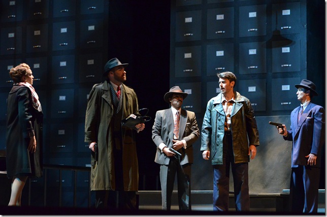 Keith Phares as John Sorel (second from right) is arrested by Tyler Simpson as the Secret Police Agent (second from left) in “The Consul.” (Photo by Brittany Mazzurco) 